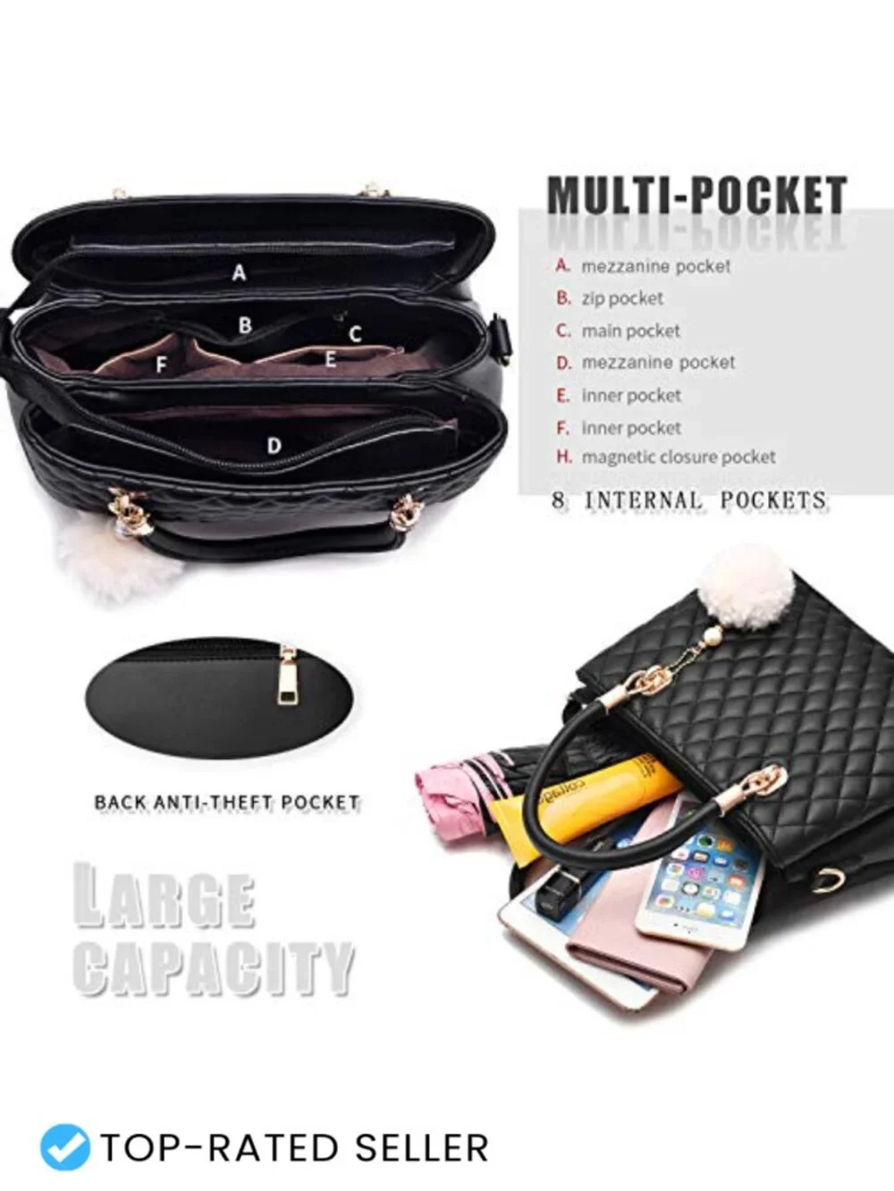 Women's PU Leather Satchel Handbag Top-Handle Tote Shoulder Bag with Pompon